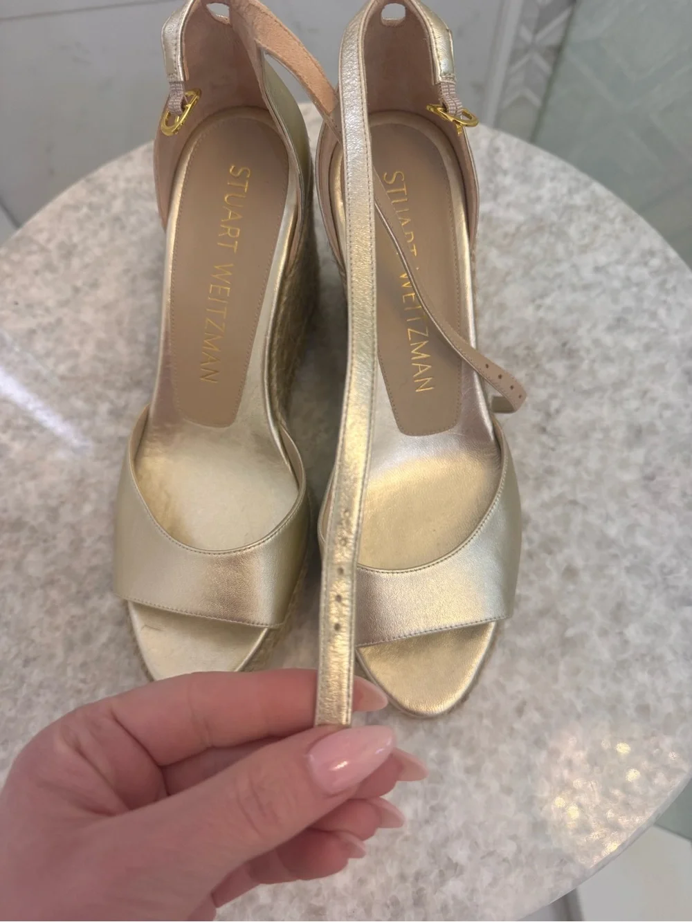 Stuart Weitzman Gold Espadrille Wedge Sandals